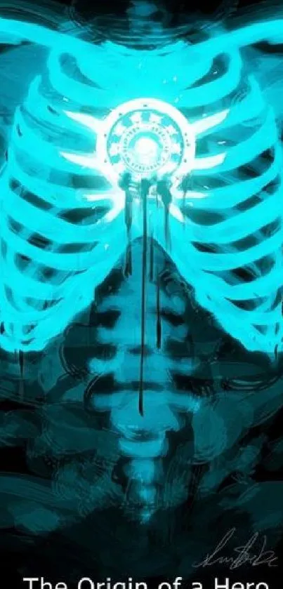 Glowing blue ribcage with tech elements on a dark background.