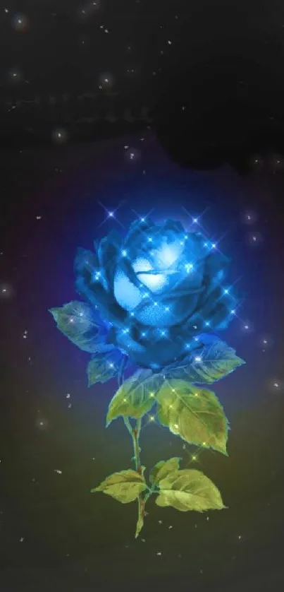 Glowing blue rose with neon leaves on a dark background, creating a mystical effect.