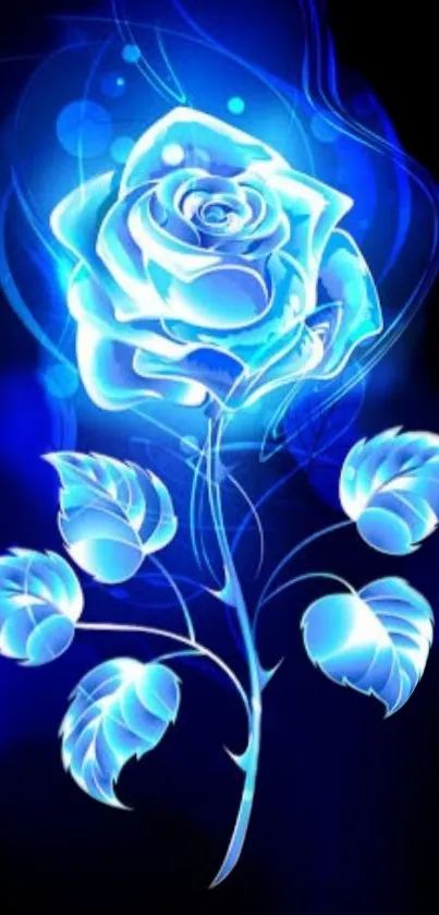 Neon blue rose with glowing leaves on dark background.