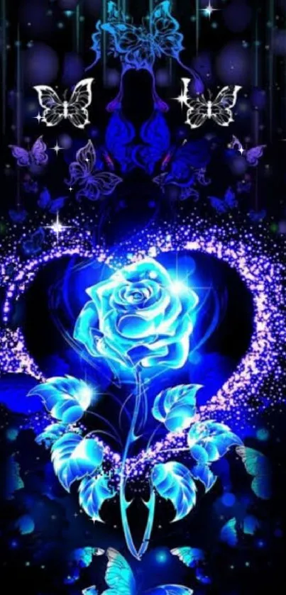 Glowing blue rose with butterflies mobile wallpaper.