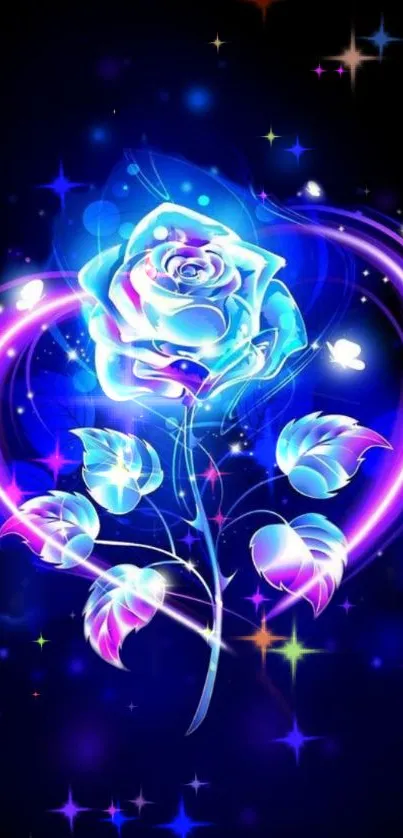 Glowing blue rose with neon colors and floral digital art design.