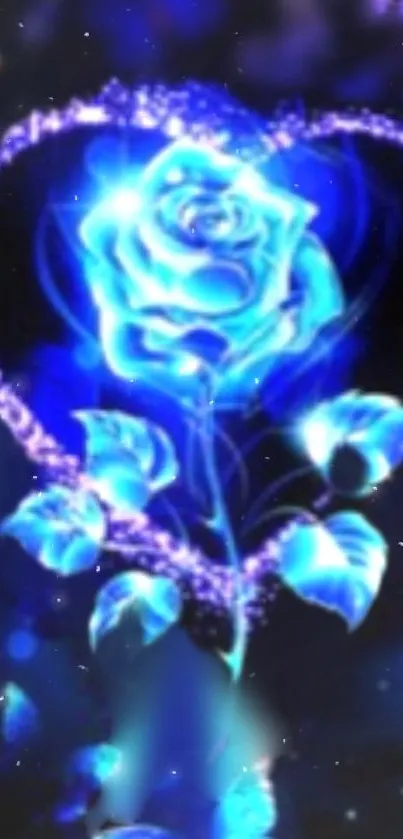 Glowing blue rose with heart and stars wallpaper.