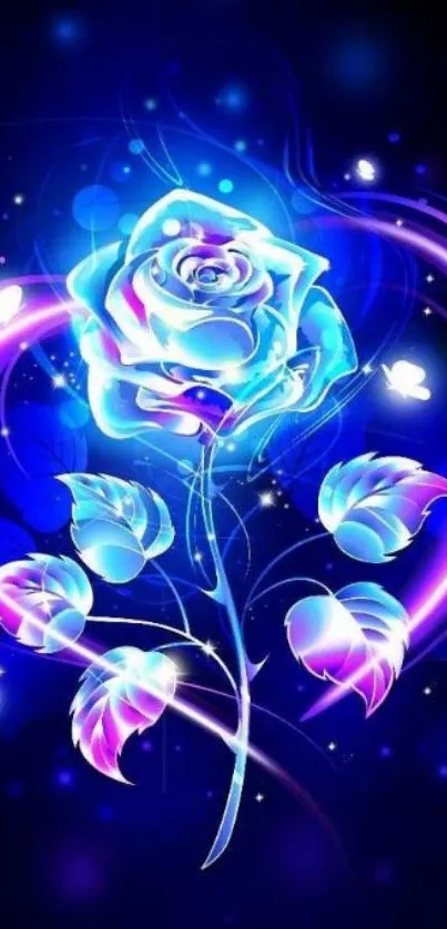 Vibrant blue neon rose art with glowing leaves.