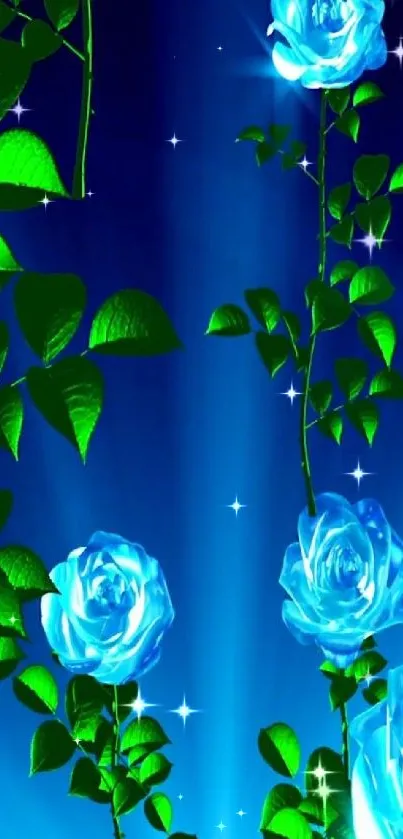 Mobile wallpaper with glowing blue roses and green leaves.