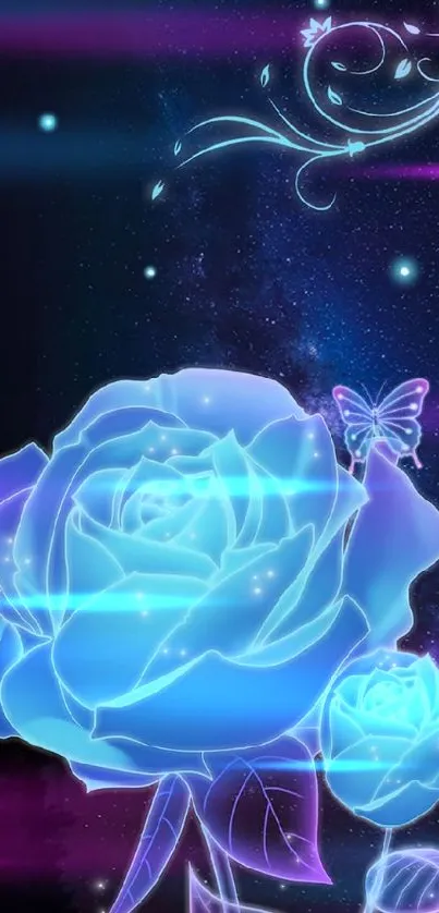 Blue rose glowing against a starry galaxy backdrop with a butterfly and swirls.