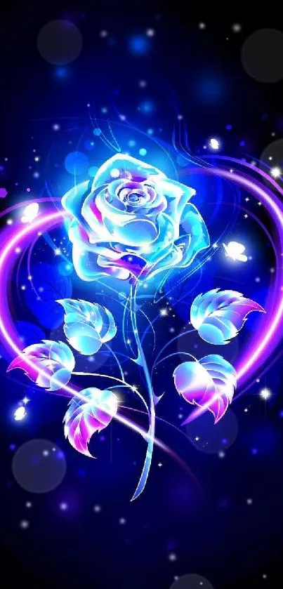 Glowing blue rose with neon effect on dark background.