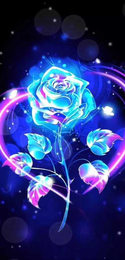 Glowing blue rose with heart-shaped neon aura on dark background.