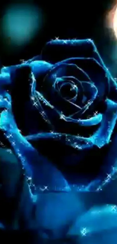 Glowing blue rose with sparkling effects in the night.