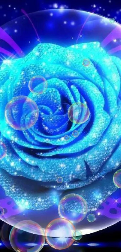 Glowing blue rose in glass sphere with cosmic butterfly.