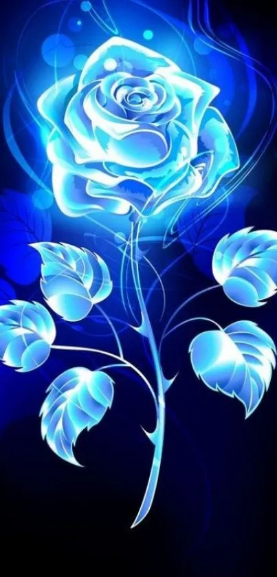 Glowing blue rose with neon effect on dark background.