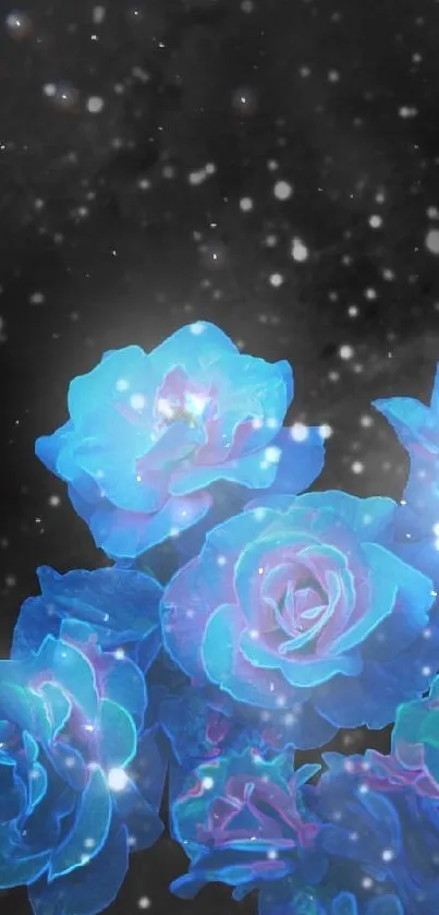 Glowing blue roses with a cosmic starry background.