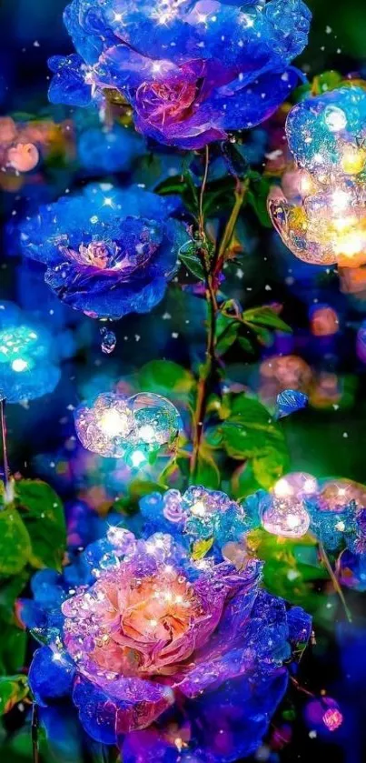 Enchanting blue roses with glowing lights.