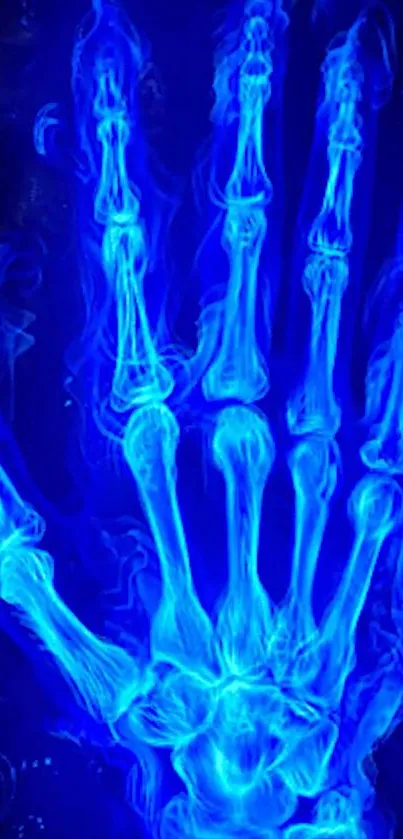 Glowing blue skeleton hand on dark background.