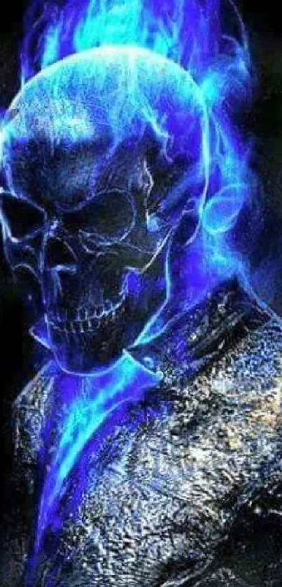 A glowing blue skull with flames on a dark backdrop.