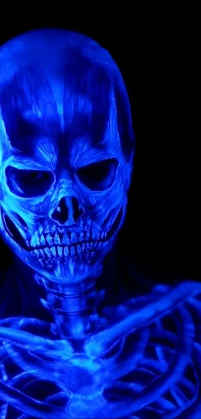 Glowing blue skull on dark background, eerie and captivating.