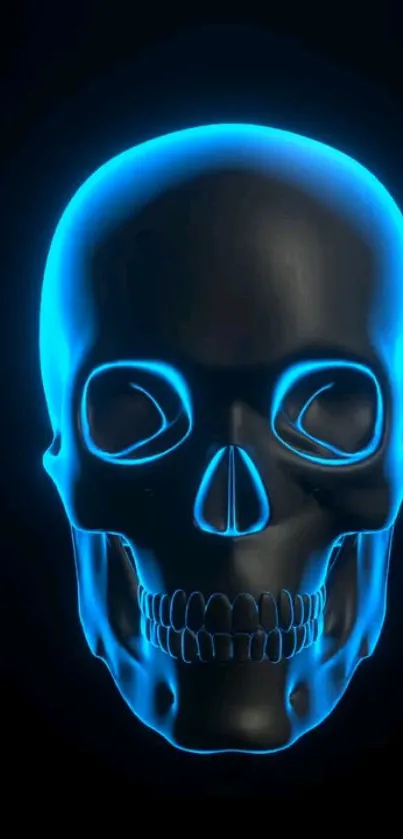 Digital skull with a neon blue glow on a dark background.