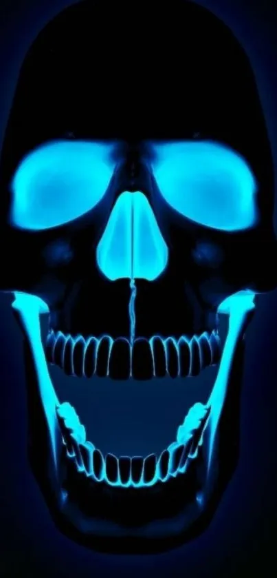 Glowing blue skull on dark background wallpaper.