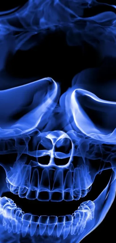 Blue glowing skull on a dark background mobile wallpaper.