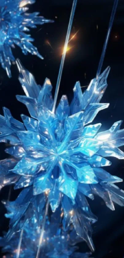 Glowing blue snowflake on dark background with 3D crystal design.