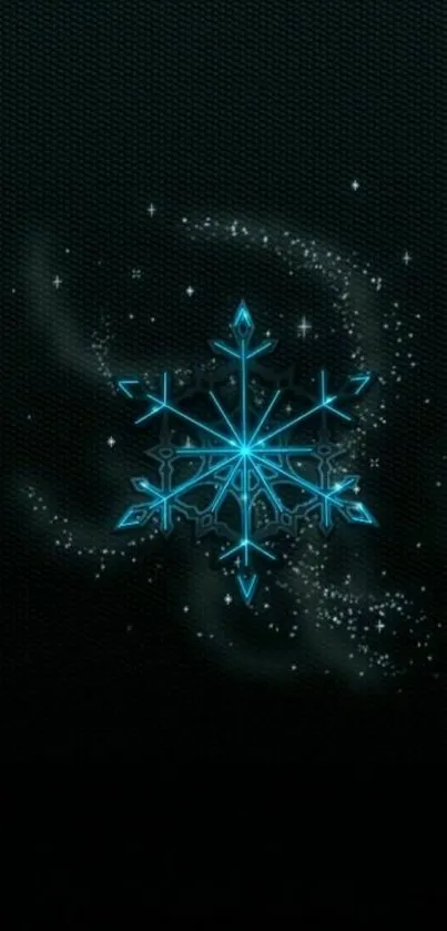 Glowing blue snowflake on dark mobile wallpaper.