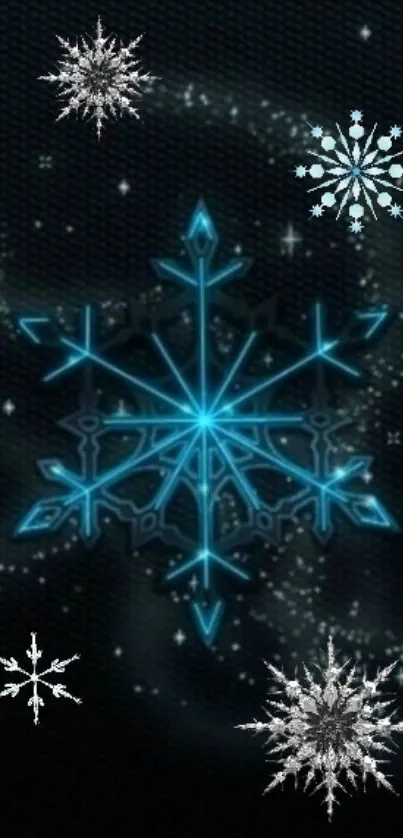 Mobile wallpaper with glowing blue snowflakes on a dark background.