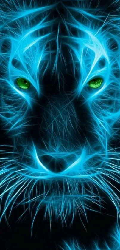 Digital artwork of a glowing blue tiger with green eyes on a black background.