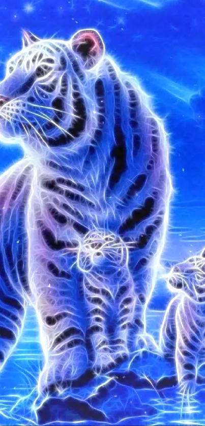 Glowing blue tiger family with neon effect in a night scene.