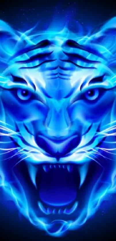 Glowing blue tiger face with neon effect for mobile wallpaper.