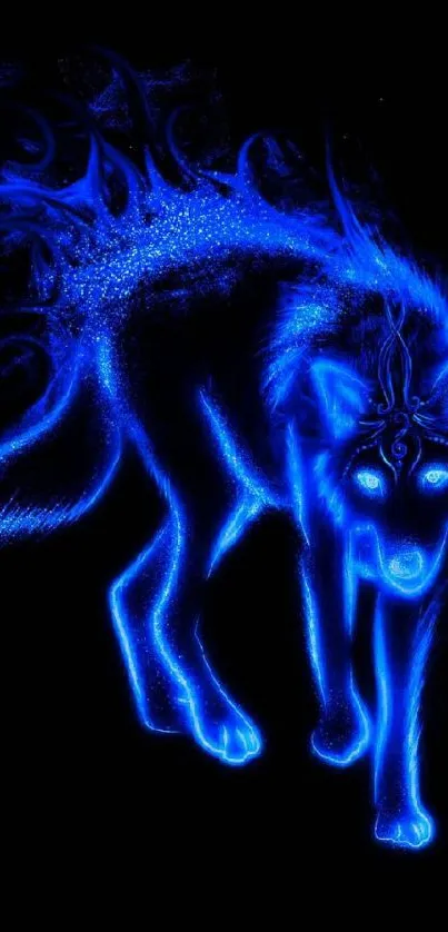 Glowing blue wolf with neon effect on black background.