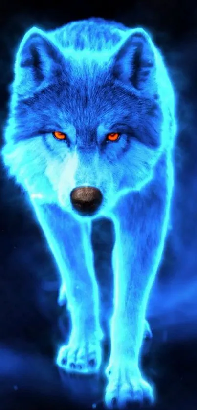 Glowing blue wolf with orange eyes in dark background.