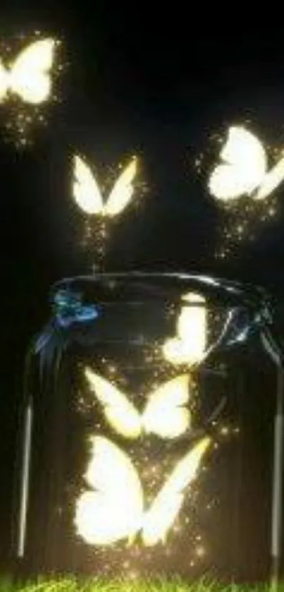 Glowing butterflies flying out of a glass jar at night.