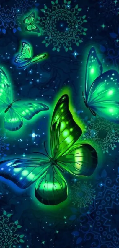 Glowing green butterflies on a dark, patterned background wallpaper.