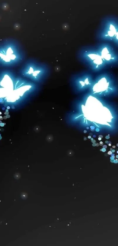 Blue glowing butterflies with dark background for mobile wallpaper.