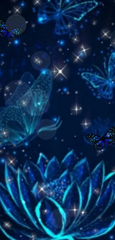 Glowing blue butterflies with lotus on a starry night background.