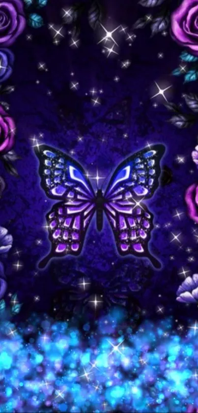 Vibrant butterfly and purple roses wallpaper with a glowing effect.