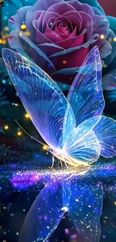 Luminous butterfly with vibrant rose reflection in fantasy scene.
