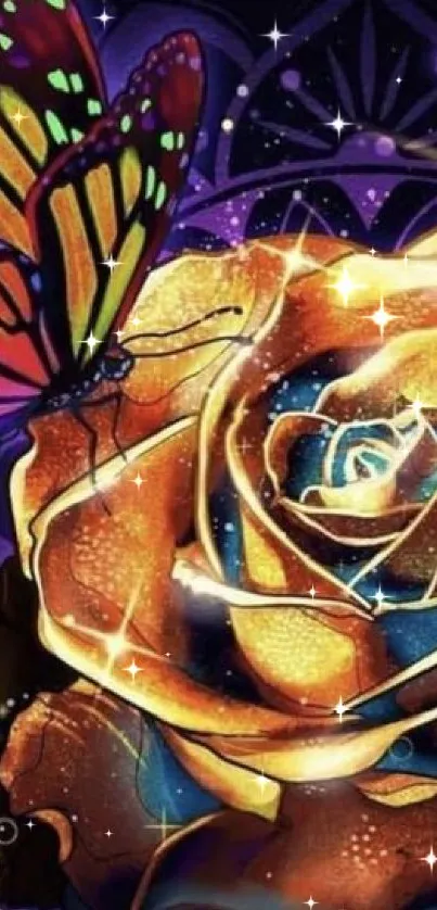 Glowing butterfly perched on a luminous rose with vibrant colors and sparkles.