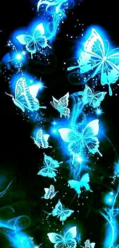 Glowing blue butterflies on a black background creating a magical effect.