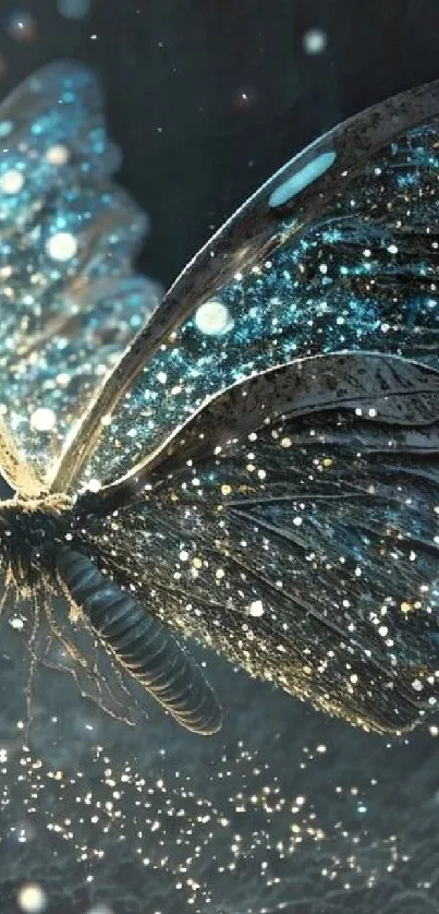 A luminous butterfly with sparkling wings on a dark blue, mystical background.