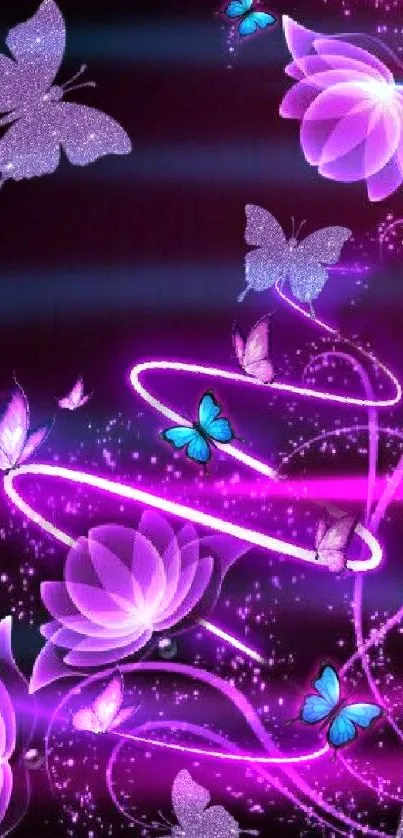 Vibrant wallpaper with glowing butterflies and purple floral design.