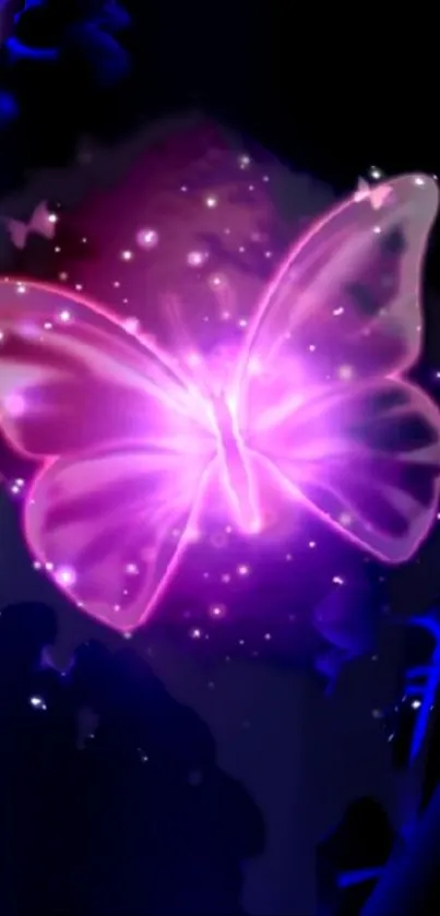 A glowing pink butterfly with a cosmic background.