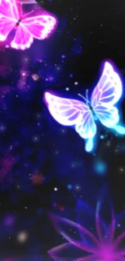 Glowing neon butterflies in a dreamy galaxy wallpaper.