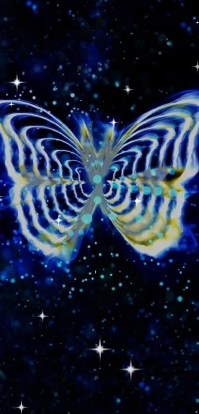 Glowing butterfly galaxy on dark blue background with luminous patterns.