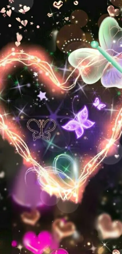 Glowing heart and butterflies mobile wallpaper.