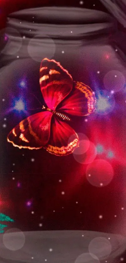 Glowing butterfly in a jar with a vibrant night backdrop.