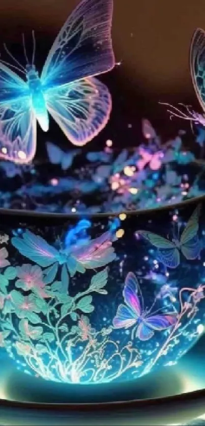 Magical teacup with glowing butterflies.