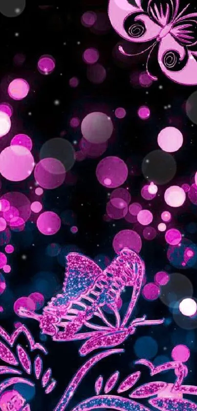 Vibrant pink butterfly and bokeh mobile wallpaper.