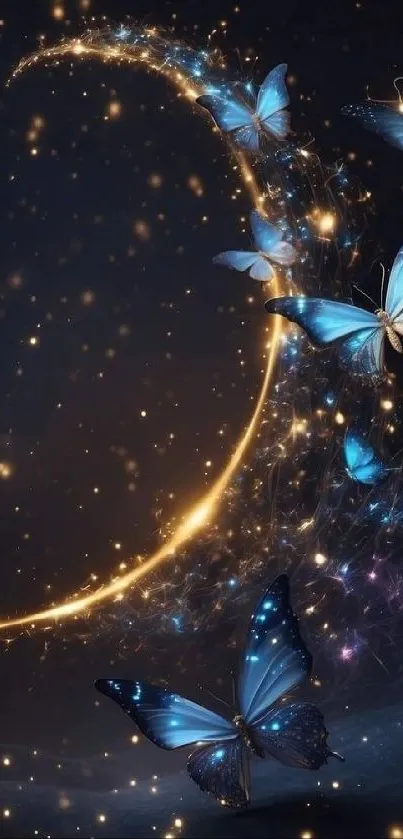 Glowing night sky with blue butterflies