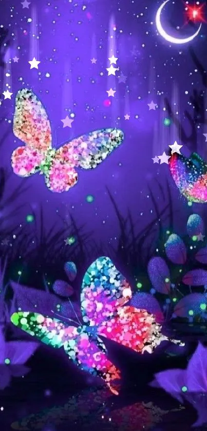 Glowing butterflies in a purple night sky wallpaper.