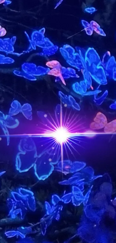 Glowing neon butterflies create a magical night scene on this wallpaper.